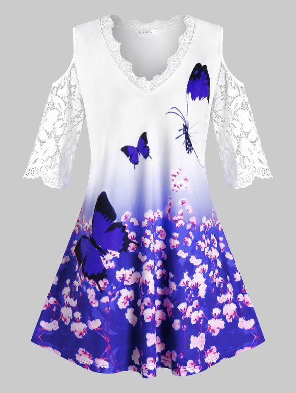 T-shirt à Imprimé Fleur et Papillon en Dentelle Insérée à Epaule Dénudée de Grande Taille - Bleu clair 5X