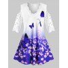T-shirt à Imprimé Fleur et Papillon en Dentelle Insérée à Epaule Dénudée de Grande Taille - Bleu clair 3X