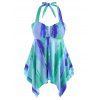 Plus Size Halter Marble Print U-bar Boyshorts Tankini Swimwear - LIGHT BLUE L