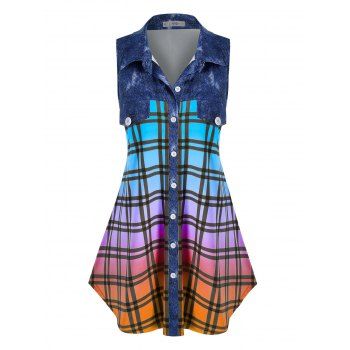 

Plus Size Flap Detail Plaid Ombre Color Blouse, Blue