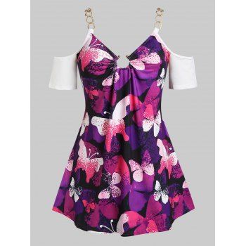 

Plus Size Chains Cold Shoulder Butterfly Print Tee, Multicolor
