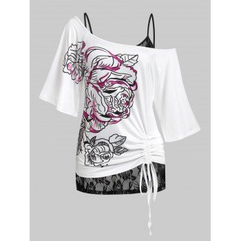 

Plus Size Flower Skew Collar T-shirt and Lace Cami Top Set, White
