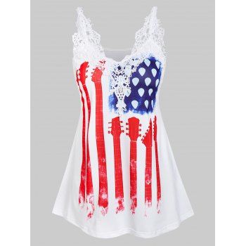 

American Flag Print Lace Panel Tank Top, White