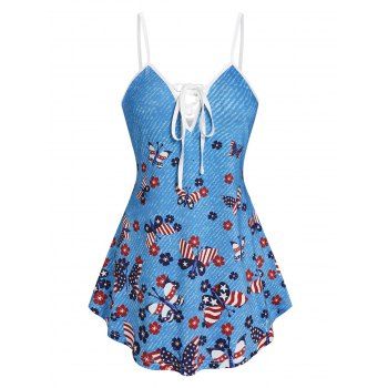 

Star Striped Butterfly Flower Print Cami Tank Top, Light blue