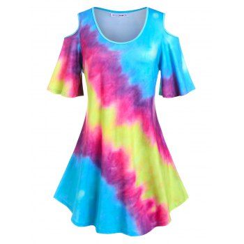 

Plus Size Cold Shoulder Flare Sleeve Tie Dye Tee, Multicolor