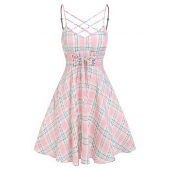 

Summer Vintage Plaid Print Criss-cross Lace-up Cami Dress, Light pink