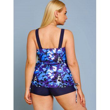 Plus Size Leaf Print Cinched Ruched Boyshorts Tankini Swimwear