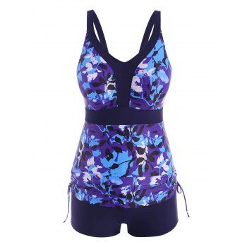 

Plus Size Leaf Print Cinched Ruched Boyshorts Tankini Swimwear, Deep blue