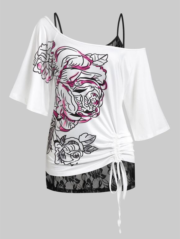 Ensemble de T-shirt Fleur de Grande Taille à Col Oblique et de Haut à Bretelle - Blanc 5X