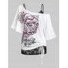 Ensemble de T-shirt Fleur de Grande Taille à Col Oblique et de Haut à Bretelle - Blanc 4X