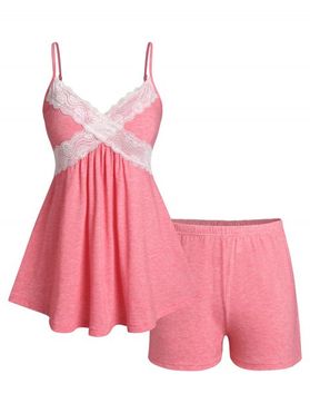 Plus Size Lace Insert Cami Top and PJ Shorts Set