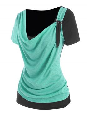 Contrast Colorblock Cowl Neck Draped Front D Ring T Shirt
