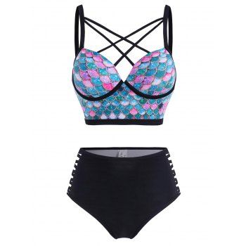 

Tummy Control Corset Style Moulded Swimsuit Mermaid Print Cross Tankini Swimwear, Light pink