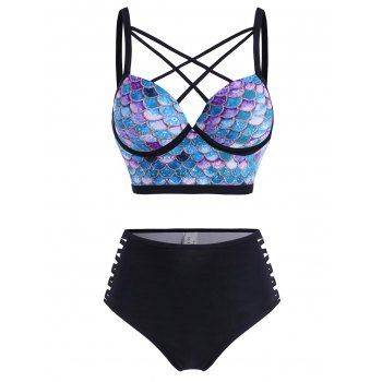

Mermaid Print Moulded Corset Style Cross Tankini Swimwear, Light purple