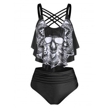 

Gothic Swimsuit Skull Flower Print Crisscross Tummy Control Tankini Swimwear, Black