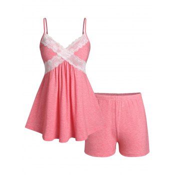 

Plus Size Lace Insert Cami Top and PJ Shorts Set, Light pink