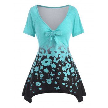 

Raglan Sleeve Bowknot Butterfly Flower Print Handkerchief T Shirt, Green