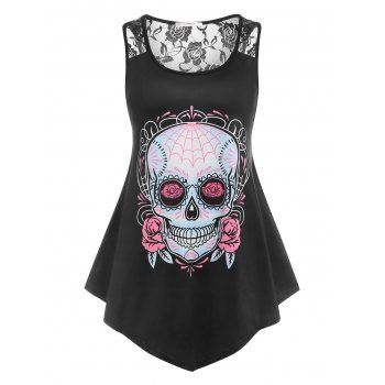 

Plus Size Lace Panel Skull Print Irregular Tank Top, Black