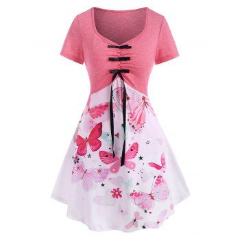 

Flower Butterfly Heart Print Bowknot Ruched T Shirt, Light pink