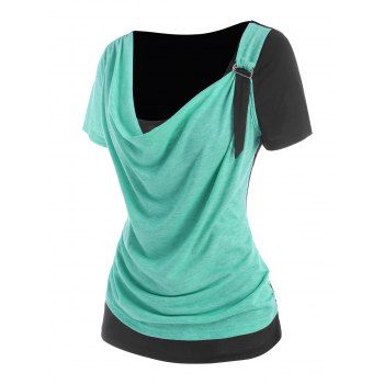 

Contrast Colorblock Cowl Neck Draped Front D Ring T Shirt, Light green