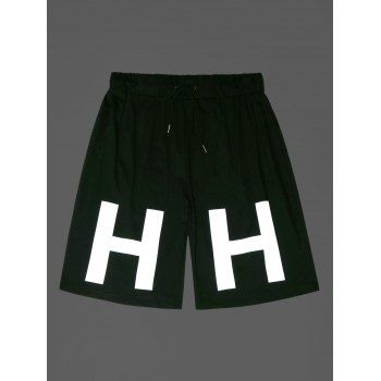 

Letter H Glitter Print Casual Shorts, Black