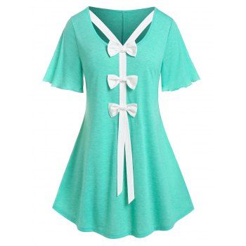 

Plus Size Bowknot Flutter Sleeve Curved Hem Tee, Light green