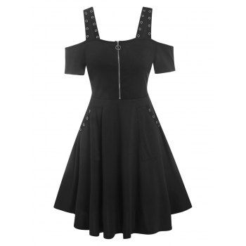 

Grommets Half Zipper Cold Shoulder Dress, Black
