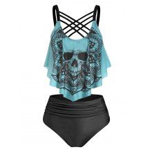 dresslily Gothic Swimsuit Skull Flower Print Crisscross Tummy Control Tankini Swimwear