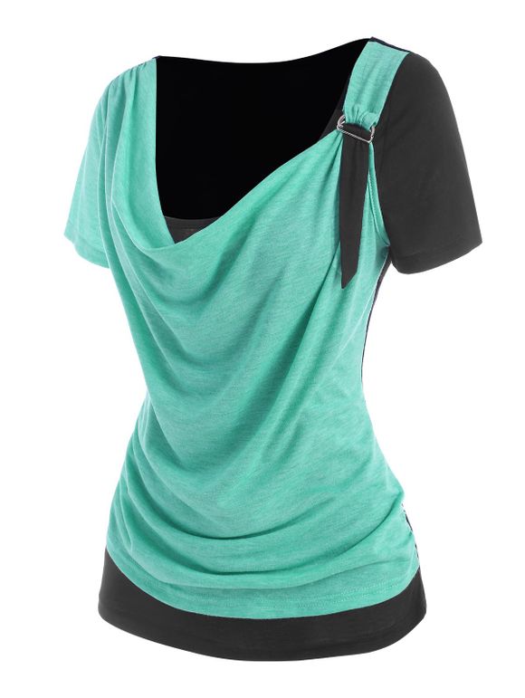 Contrast Colorblock Cowl Neck Draped Front D Ring T Shirt - LIGHT GREEN XL