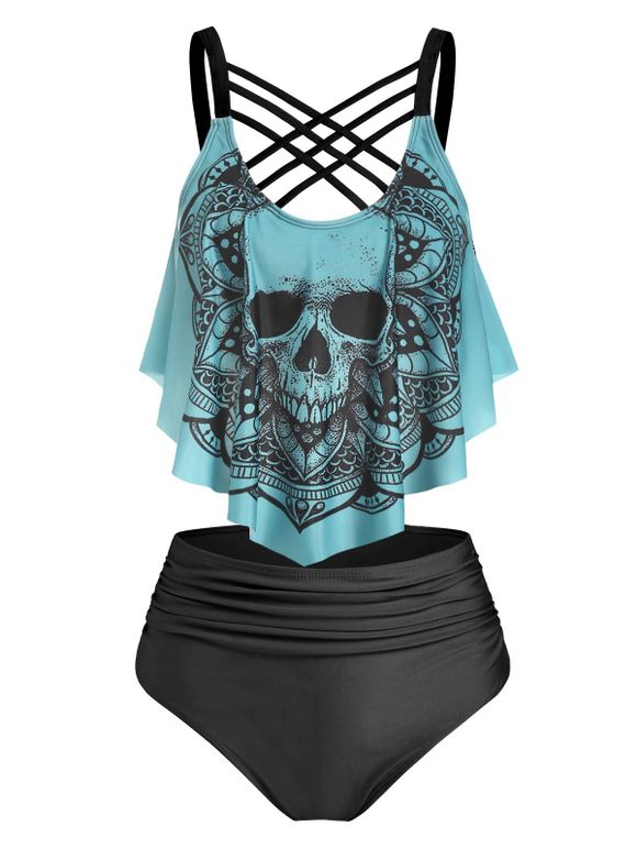 Tummy Control Tankini Swimwear Gothic Swimsuit Skull Flower Print Crisscross Summer Beach Bathing Suit - TURQUOISE L