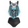 Tummy Control Tankini Swimwear Gothic Swimsuit Skull Flower Print Crisscross Summer Beach Bathing Suit - DEEP RED S