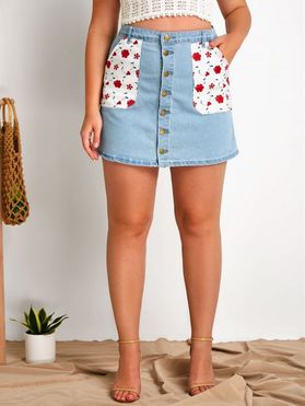 Floral Patched Pockets Denim Plus Size Mini Skirt