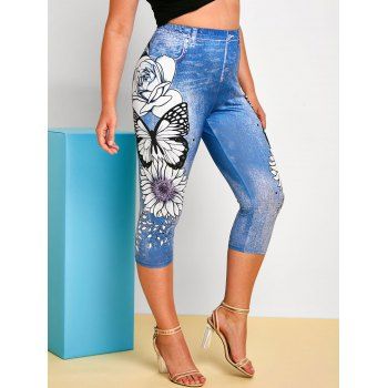 

Plus Size Butterfly Floral Print Cropped Jeggings, Blue