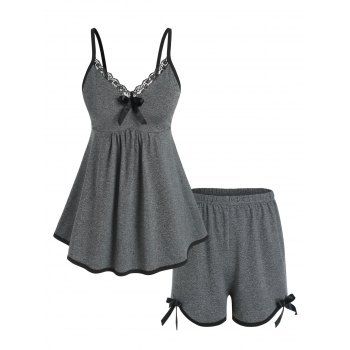 

Plus Size Lace Trim Piping Pajama Cami Top and Shorts Set, Dark gray