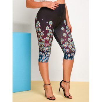 

Plus Size Peacock Print Capri Leggings, Black