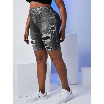 

Plus Size 3D Destroyed Jean Print Short Jeggings, Black