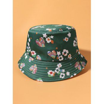 

Flower Heart Star Print Bucket Hat, Green