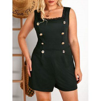 

Plus Size Lace Trim Metal Button Sleeveless Romper, Black