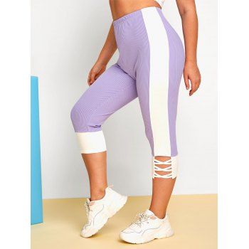 

Plus Size Color Blocking Crisscross Ribbed Leggings, Light purple