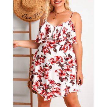 

Plus Size Flower Print Ruffle Sleeveless Dress, Red
