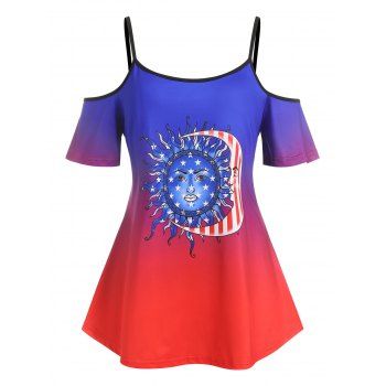 

Plus Size American Flag Print Ombre Color Cold Shoulder Tee, White