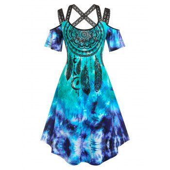 

Plus Size Dreamcatcher Print Tie Dye Cold Shoulder Dress, Multicolor