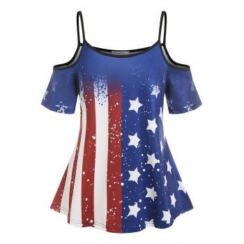 

Plus Size Cold Shoulder American Flag Print Tee, Blue