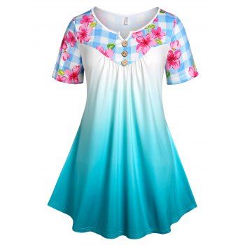

Plus Size Floral Print Ombre Color Tee, Light blue