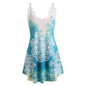 

Bohemian Crochet Applique Insert Flower Print Tunic Tank Top, Green