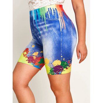 

Plus Size Splatter Paint 3D Jean Print Short Leggings, Blue