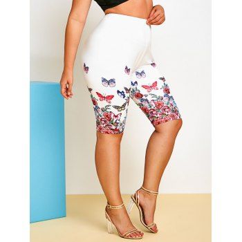 

Plus Size Flower Butterfly Print High Waisted Leggings, White