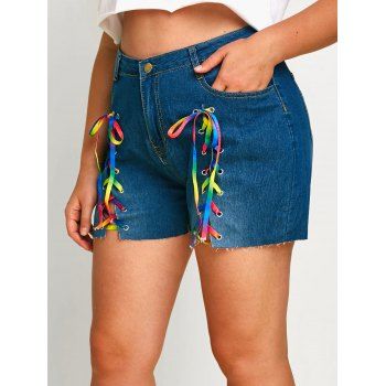 

Lace Up Front Raw Hem Plus Size Denim Shorts, Blue