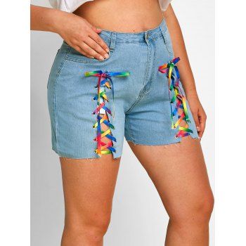 

Lace Up Front Raw Hem Plus Size Denim Shorts, Light blue