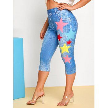 

Plus Size Star 3D Jean Print Cropped Jeggings, Blue